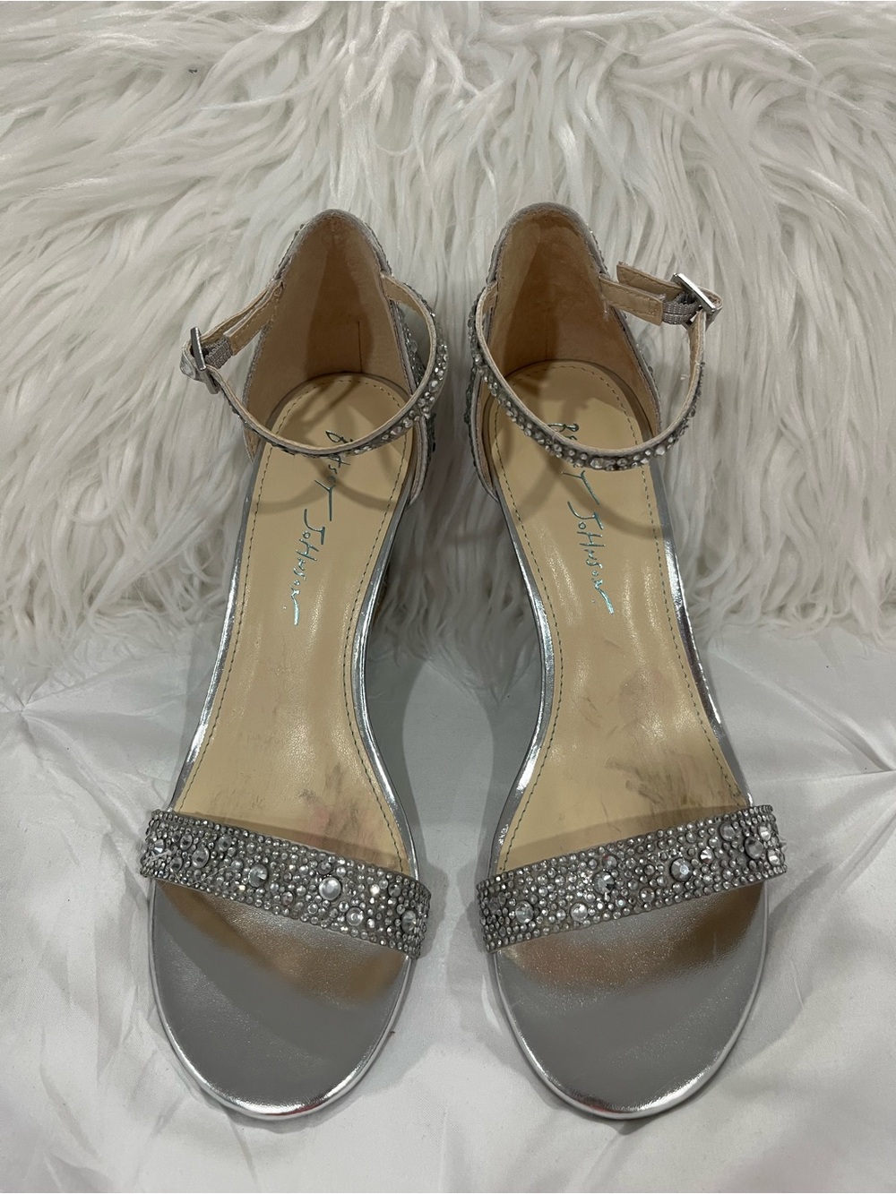 Betsey Johnson Silver Rhinestone Ankle-Strap Heels